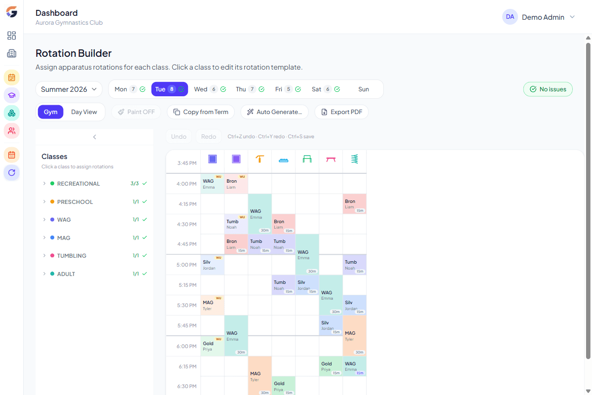 GymGrid rotation builder — the Gym Grid — showing 15-minute rotation slots across multiple apparatus for a single class