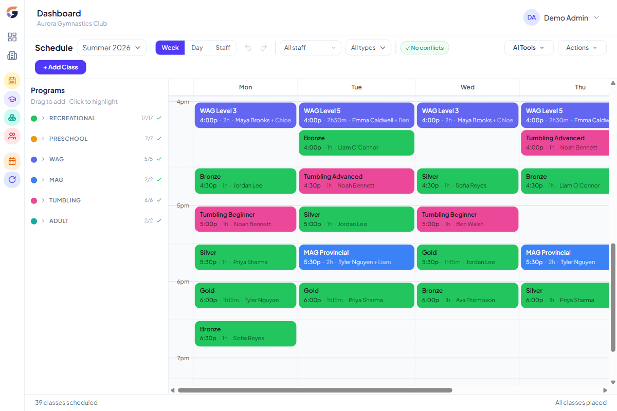 GymGrid schedule builder showing a week of classes placed on a grid, with coach names and apparatus assignments visible